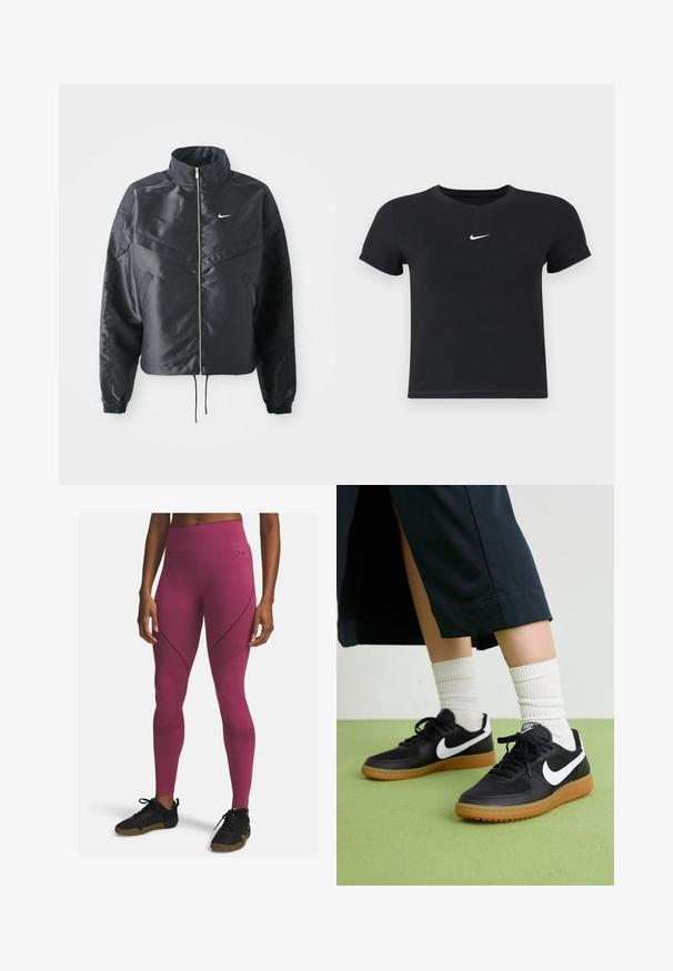 Veste noire courte avec col haut, fermeture éclair, poignets en élasthanne et logo Nike blanc. Tissu lisse et brillant avec une surface légèrement texturée.; T-shirt noir à manches courtes en coton avec un col rond. Présente un logo Nike blanc sur la poitrine, un design minimaliste et une coupe ajustée.; Leggings de sport ajustés dans une teinte rose profond avec des panneaux texturés, des accents rayés et une taille haute, associés à des chaussures de sport noires.; Baskets noires en cuir et synthétique avec le swoosh blanc de Nike, semelle en caoutchouc, bout rond et lacets noirs. Chaussettes blanches côtelées visibles.