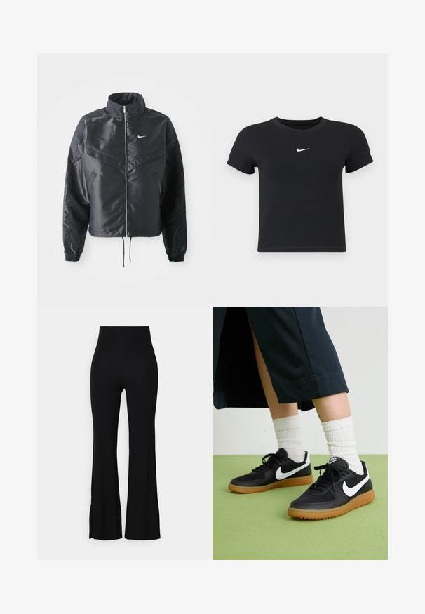 Juoda trumpa striukė su aukštu coloru, užtrauktuku, elastaniniu rankogaliu ir balta Nike logotipu. Lygus, blizgus audinys su šiek tiek tekstūruotu paviršiumi.; Juodas trumpas rankoves marškinėliai, pagaminti iš medvilnės, su apvaliu kaklu. Pasižymi balta Nike logotipu ant krūtinės, minimalistišku dizainu ir prigludusia forma.; Juodos platėjančios kelnės, pagamintos iš tamprus audinio, su aukštu liemeniu ir glotnia tekstūra. Apačia švelniai platėja nuo kelio.; Juodos odinės ir sintetinių medžiagų sportbačiai su balta Nike swoosh, guminis padas, apvalus pirštas ir juodi raišteliai. Matomos banguotos baltos kojinės.