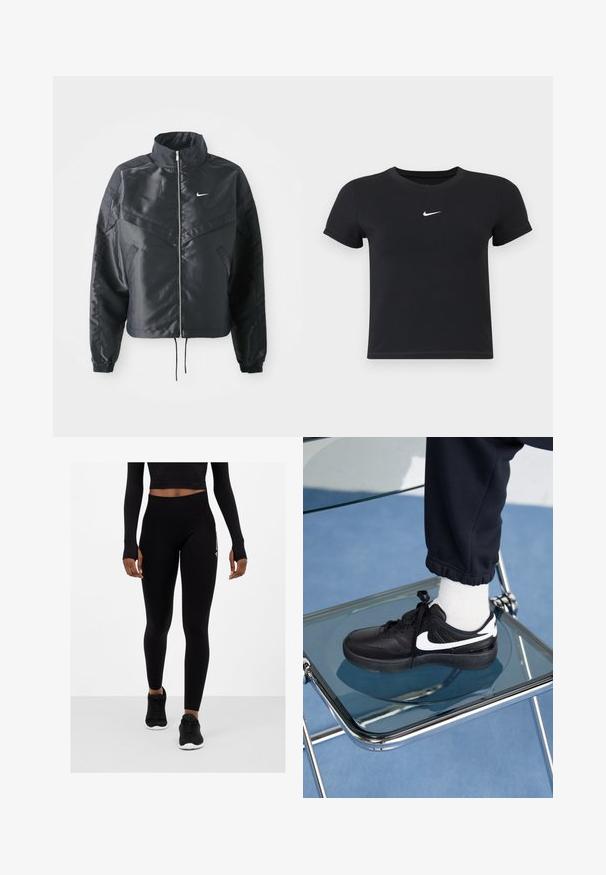 Black cropped jacket with high collar, zip closure, elastane cuffs, and a white Nike logo. Smooth, shiny fabric with a slightly textured surface.; Black short-sleeve t-shirt made of cotton with a round neckline. Features a white Nike logo on the chest, minimalistic design, and fitted shape.; Black leggings with a high waistband, textured fabric, and snug fit, paired with black athletic shoes. Upper half partially covered by a crop top.; Black Nike sneakers with white accents, featuring a smooth leather texture, lace-up design, and rounded toe, positioned on a glass chair.