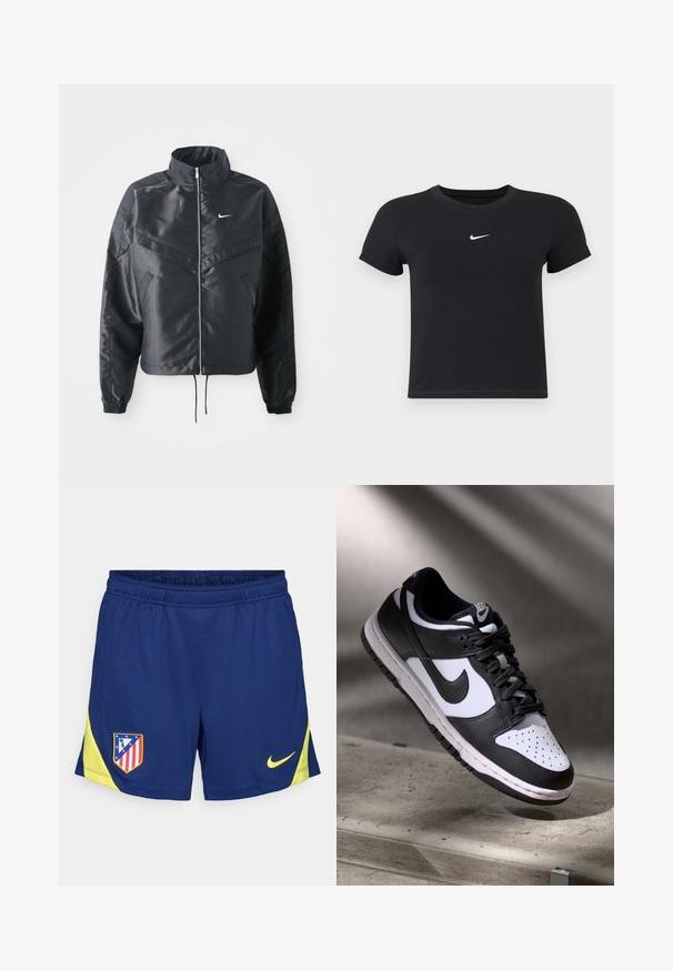 Černá zkrácená bunda s vysokým límcem, zipovým zapínáním, elastickými manžetami a bílým logem Nike. Hladká, lesklá látka s mírně strukturovaným povrchem.; Černé tričko s krátkým rukávem vyrobené z bavlny s kulatým výstřihem. Na hrudi se nachází bílé logo Nike, minimalistický design a přiléhavý střih.; Navy modré sportovní šortky s žlutými akcenty, vybavené elastickým pasem a bočními vsadkami. Vyšité klubové logo na levém stehně.; Černobílé tenisky Nike Dunk Low s koženým svrškem, perforovanou špičkou a černými tkaničkami, s bílou podrážkou a akcenty loga.