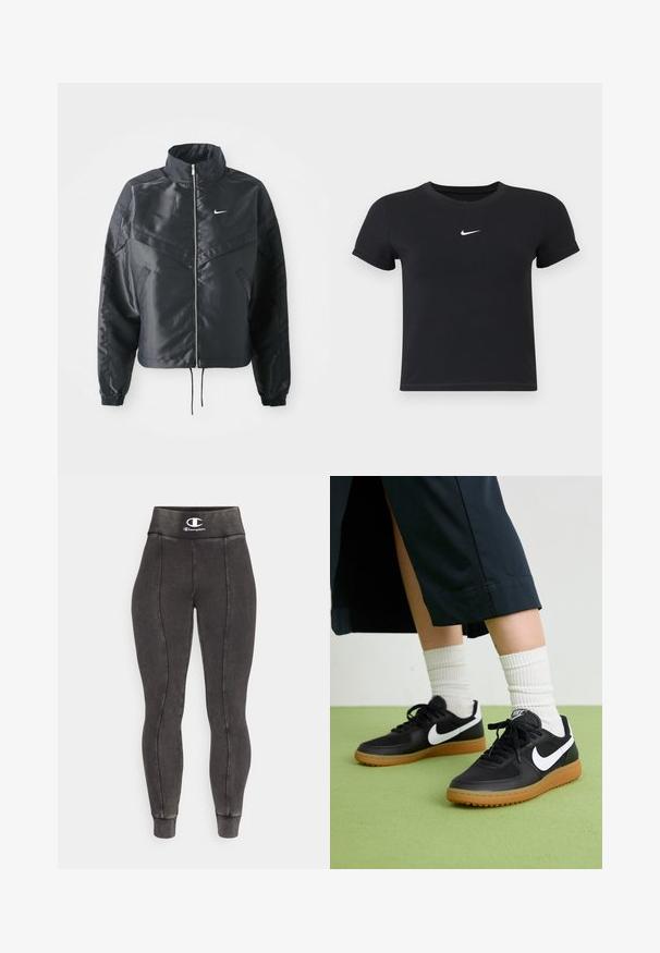 Casaco preto curto com colarinho alto, fecho de zip, punhos em elastano e um logótipo Nike branco. Tecido suave e brilhante com uma superfície ligeiramente texturizada.; T-shirt preta de manga curta feita de algodão, com decote redondo. Apresenta um logótipo branco da Nike no peito, design minimalista e corte ajustado.; Leggings pretas ajustadas, feitas de um tecido elástico, com uma cintura alta que apresenta um logótipo e costuras em contraste ao longo das costuras.; Sapatilhas pretas em couro e sintético com o logo da Nike em branco, sola de borracha tipo goma, bico redondo e atacadores pretos. Meias brancas com frunces visíveis.
