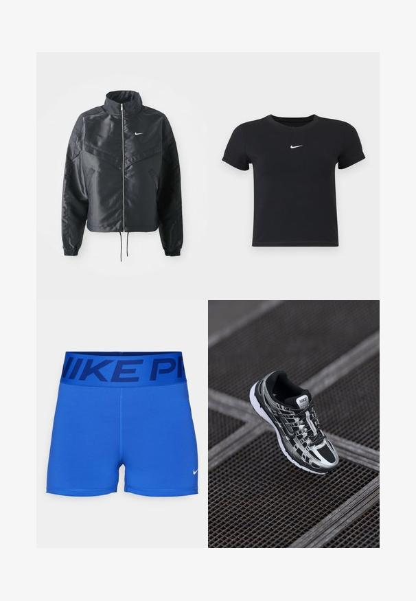 Giacca nera cropped con colletto alto, chiusura a zip, polsini in elastan e logo Nike bianco. Tessuto liscio e lucido con una superficie leggermente texturizzata.; T-shirt nera a maniche corte in cotone con scollatura rotonda. Presenta un logo Nike bianco sul petto, un design minimalista e una forma aderente.; Pantaloni sportivi blu realizzati in tessuto liscio e elasticizzato. Presentano una fascia in vita ampia con la scritta "NIKE PRO" in blu scuro e un piccolo logo Nike in bianco.; Scarpa da corsa Nike con una combinazione di colori nera e argento, tomaia in rete, suola testurizzata e sistema di allacciatura per una vestibilità sicura.