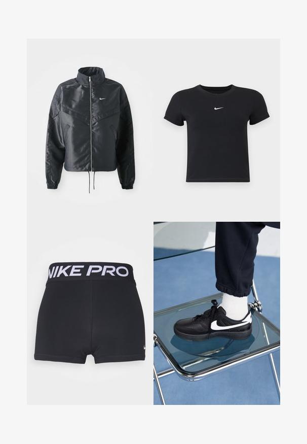 Sort cropped jakke med høj krave, lynlås lukning, elastiske manchetter og et hvidt Nike-logo. Glat, blankt stof med en let struktureret overflade.; Sort kortærmet t-shirt lavet af bomuld med rund hals. Har et hvidt Nike-logo på brystet, minimalistisk design og tætsiddende pasform.; Sorte sportshort med en bred, sort talje, der har "NIKE PRO" i hvidt. Glat, strækbart stof og detaljer ved kanten er synlige.; Sorte Nike sneakers med hvide detaljer, der har en glat læderoverflade, snørebånd og rund tå, placeret på en glasstol.
