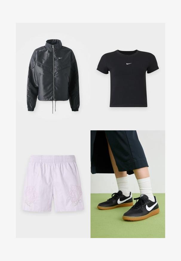 Juoda trumpa striukė su aukštu coloru, užtrauktuku, elastaniniu rankogaliu ir balta Nike logotipu. Lygus, blizgus audinys su šiek tiek tekstūruotu paviršiumi.; Juodas trumpas rankoves marškinėliai, pagaminti iš medvilnės, su apvaliu kaklu. Pasižymi balta Nike logotipu ant krūtinės, minimalistišku dizainu ir prigludusia forma.; Alyviniu medvilnės šortai su elastingu juosmeniu, su švelniomis rožinėmis ir žaliomis gėlėmis, išsiuvinėtomis kairėje pusėje, glotnus tekstūros, kasdieniškas dizainas.; Juodos odinės ir sintetinių medžiagų sportbačiai su balta Nike swoosh, guminis padas, apvalus pirštas ir juodi raišteliai. Matomos banguotos baltos kojinės.