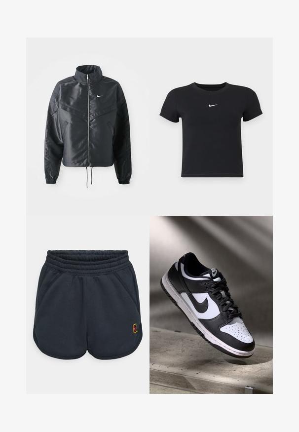 Svart cropped jakke med høy krage, glidelåsåpning, elastiske mansjetter og en hvit Nike-logo. Glatt, shiny stoff med en lett teksturert overflate.; Svart T-skjorte med kort arm laget av bomull med rund hals. Har en hvit Nike-logo på brystet, minimalistisk design og tettsittende fasong.; Mørkegrå idrettsshorts laget av myk stoff, med elastisk midje, side lommer og en liten flerfarget logo på kanten.; Svart og hvit Nike Dunk Low sneaker med skinnoverdel, perforert tåboks og svarte snøringer, med hvit såle og logoaksenter.