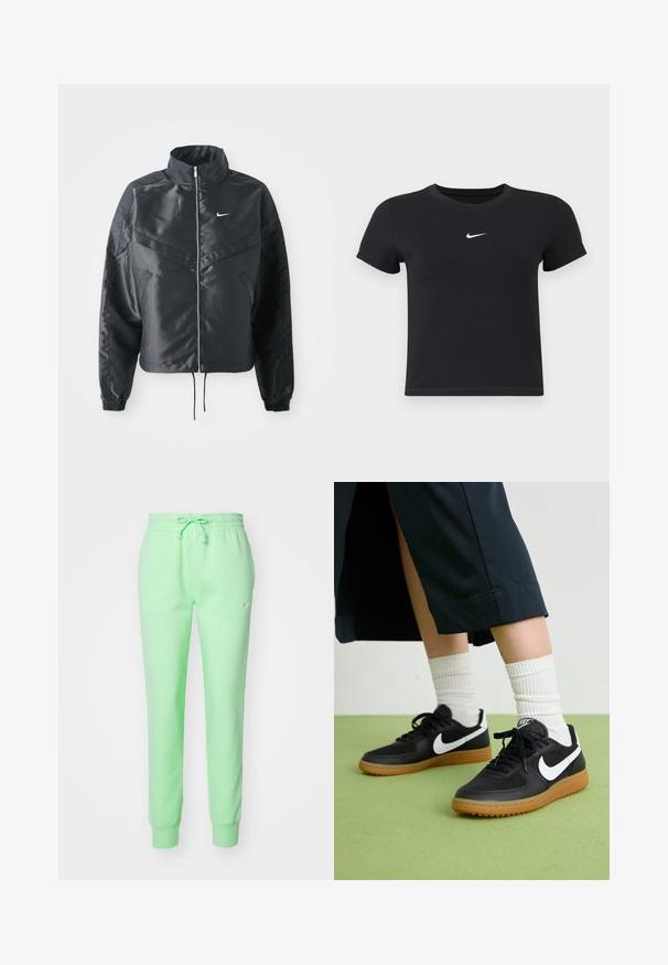 Black cropped jacket with high collar, zip closure, elastane cuffs, and a white Nike logo. Smooth, shiny fabric with a slightly textured surface.; Black short-sleeve t-shirt made of cotton with a round neckline. Features a white Nike logo on the chest, minimalistic design, and fitted shape.; Light green Nike sweatpants with an elastic waistband, adjustable drawstring, and tapered cuffs. Smooth fabric texture with subtle logo.; Black leather and synthetic sneakers with white Nike swoosh, rubber gum sole, round toe, and black laces. Ribbed white socks visible.