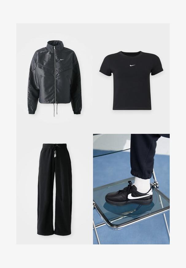 Zwarte cropped jack met hoge kraag, ritsluiting, elastische manchetten en een wit Nike-logo. Glad, glanzend materiaal met een licht gestructureerd oppervlak.; Zwarte katoenen t-shirt met korte mouwen en ronde hals. Voorzien van een wit Nike-logo op de borst, minimalistisch ontwerp en een aansluitende pasvorm.; Zwarte joggerpants van zachte stof, met een trekkoord in de taille en een losse pasvorm. Geen patronen. Eenvoudig ontwerp met boordjes aan de onderkant en zijzakken.; Zwarte Nike sneakers met witte accenten, met een gladde leren textuur, vetersluiting en ronde neus, geplaatst op een glazen stoel.