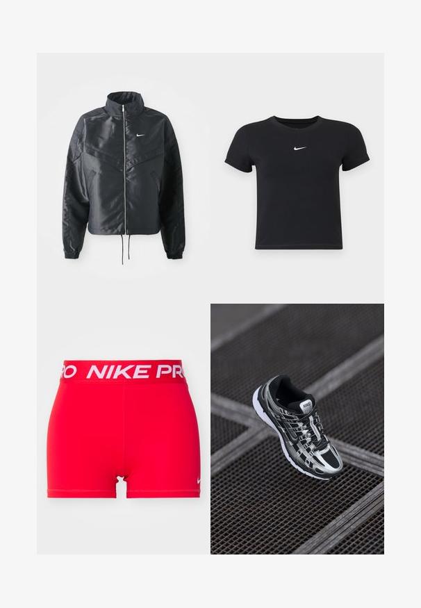 Chaqueta negra corta con cuello alto, cierre de cremallera, puños de elastano y un logo de Nike en blanco. Tejido suave y brillante con una superficie ligeramente texturizada.; Camiseta negra de manga corta hecha de algodón con un cuello redondo. Presenta un logo blanco de Nike en el pecho, diseño minimalista y forma ajustada.; Pantalones cortos deportivos rojos con una cinturilla blanca que lleva el logo "NIKE PRO". La tela es suave y elástica, diseñada para ofrecer comodidad y movilidad.; Zapatilla de correr de Nike con una combinación de colores negro y plateado, parte superior de malla, suela texturizada y sistema de cordones para un ajuste seguro.