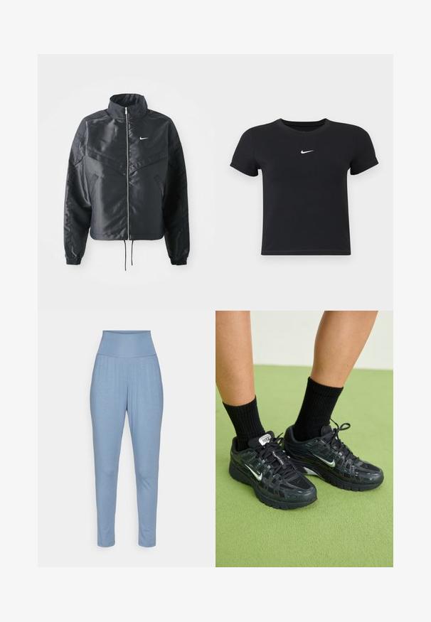 Black cropped jacket with high collar, zip closure, elastane cuffs, and a white Nike logo. Smooth, shiny fabric with a slightly textured surface.; Black short-sleeve t-shirt made of cotton with a round neckline. Features a white Nike logo on the chest, minimalistic design, and fitted shape.; Light blue, soft fabric trousers with a high, elastic waistband, featuring pleats at the waist and tapered legs, designed for comfort.; Black Nike sneakers with mesh and synthetic overlays, featuring reflective accents, a cushioned sole, and black ribbed socks.