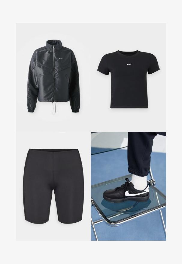 Veste noire courte avec col haut, fermeture éclair, poignets en élasthanne et logo Nike blanc. Tissu lisse et brillant avec une surface légèrement texturée.; T-shirt noir à manches courtes en coton avec un col rond. Présente un logo Nike blanc sur la poitrine, un design minimaliste et une coupe ajustée.; Even&Odd active LOW RISE CYCLING SHORTS
- Leggings - black; Baskets Nike noires avec des accents blancs, présentant une texture en cuir lisse, un design à lacets et un bout rond, placées sur une chaise en verre.