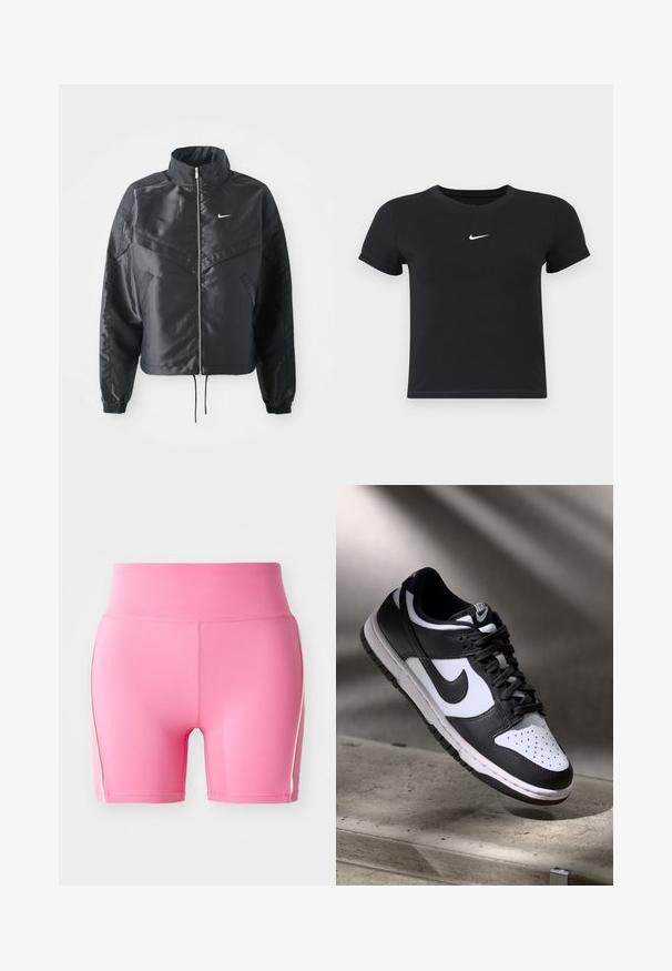 Černá zkrácená bunda s vysokým límcem, zipovým zapínáním, elastickými manžetami a bílým logem Nike. Hladká, lesklá látka s mírně strukturovaným povrchem.; Černé tričko s krátkým rukávem vyrobené z bavlny s kulatým výstřihem. Na hrudi se nachází bílé logo Nike, minimalistický design a přiléhavý střih.; Růžové sportovní šortky s vysokým pasem, přiléhavým střihem a kontrastními bílými bočními pruhy. Hladká, elastická látka s vlastnostmi odvádějícími vlhkost.; Černobílé tenisky Nike Dunk Low s koženým svrškem, perforovanou špičkou a černými tkaničkami, s bílou podrážkou a akcenty loga.