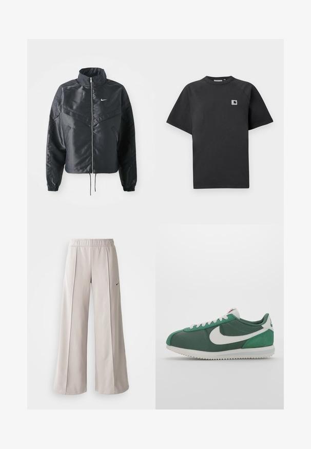 Casaco preto curto com colarinho alto, fecho de zip, punhos em elastano e um logótipo Nike branco. Tecido suave e brilhante com uma superfície ligeiramente texturizada.; T-shirt de algodão preta com decote redondo, mangas curtas e um logótipo retangular bordado no lado esquerdo do peito.; Calças largas de tom cinza claro feitas de tecido suave. Apresentam uma cintura elástica e o logo da Nike em preto no lado esquerdo.; Sapatilha desportiva verde com parte superior em tela, logótipo Swoosh branco, detalhes texturizados e sola de borracha com padrão de zigzag.