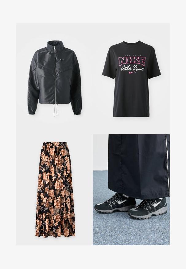 Giacca nera cropped con colletto alto, chiusura a zip, polsini in elastan e logo Nike bianco. Tessuto liscio e lucido con una superficie leggermente texturizzata.; T-shirt in cotone nero con stampa grafica in rosa e bianco con il testo "JUST DO IT", "NIKE" e "Athletic Depart." Vestibilità standard.; Gonna maxi nera con fiori pesco e crema e foglie verdi. Presenta una vita arricciata e un orlo a volant per un tocco di texture in più.; Scarpe sportive nere con tomaia testurizzata, dettagli argentati e suola con motivo, abbinate a un lungo indumento nero. Ambientate su un tappeto blu.