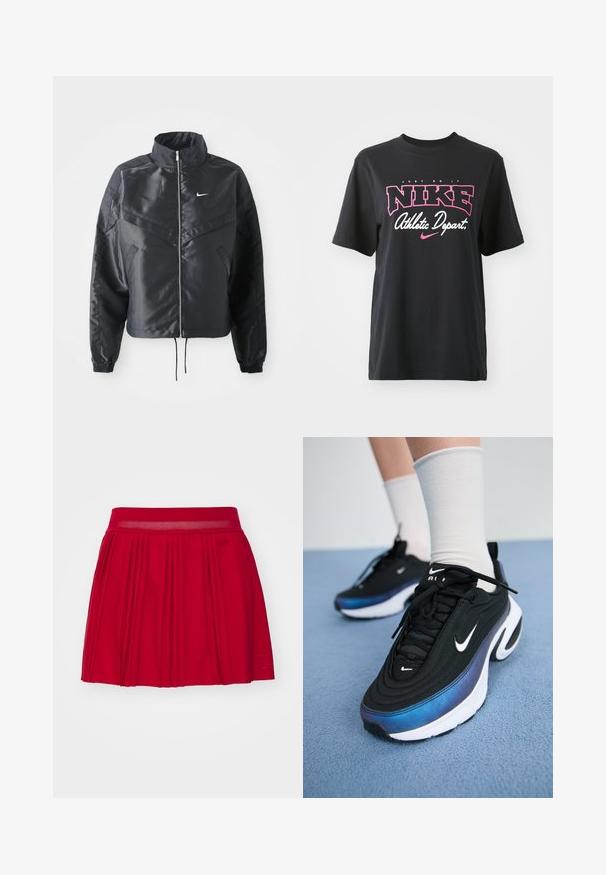 Jachetă croppată neagră cu guler înalt, închidere cu fermoar, manșete din elastan și un logo alb Nike. Material neted, lucios, cu o suprafață ușor texturată.; Tricou din bumbac negru cu un print grafic în roz și alb, având textul "JUST DO IT," "NIKE," și "Departament Atlet." Croială standard.; Fustă plisată roșie cu un tiv texturat și o culoare solidă. Construită cu o formă evazată pentru o potrivire lejeră.; Adidași negri Nike cu un material superior neted, având un design în gradient de la albastru la negru, talpă albă și accente logo proeminente.