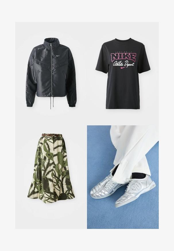 Fekete, rövidített dzseki magas gallérral, cipzáras záródással, elasztikus mandzsettákkal, és fehér Nike logóval. Simább, fényes anyag, enyhén textúrázott felülettel.; Fekete pamut póló, rózsaszín és fehér grafikai nyomattal, rajta a "JUST DO IT", "NIKE" és "Athletic Depart" feliratokkal. Szabványos fazon.; Hosszú szoknya zöld és krém színű kaktusz mintával, húzott derékkal és barna övvel a rögzítéshez.; Ezüst sportcipők sima, fényes felülettel, varrott mintázattal és a 90-es számmal az oldalán, fehér nadrággal párosítva.
