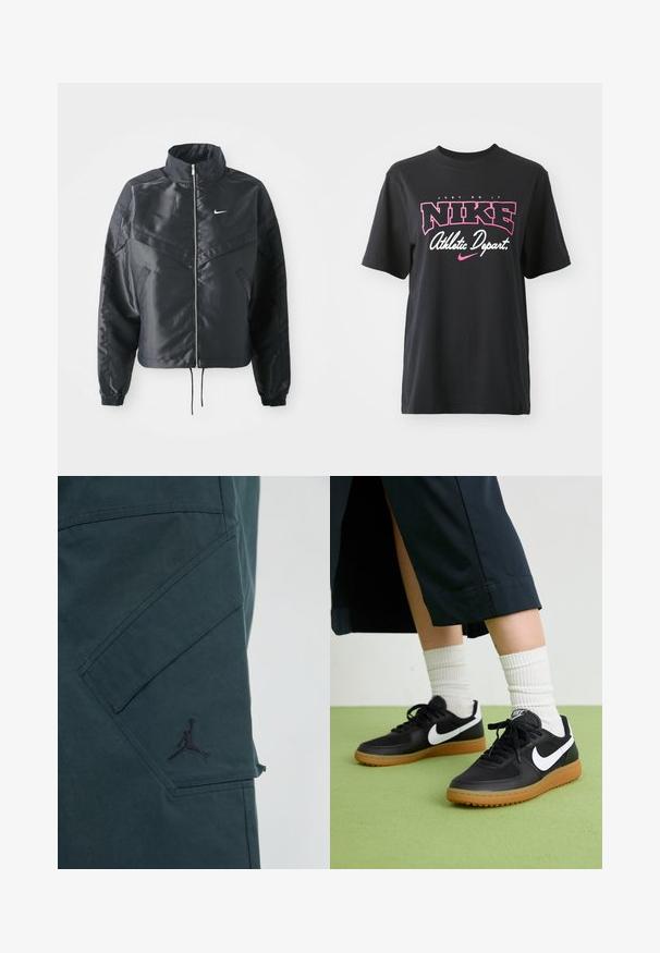 Fekete, rövidített dzseki magas gallérral, cipzáras záródással, elasztikus mandzsettákkal, és fehér Nike logóval. Simább, fényes anyag, enyhén textúrázott felülettel.; Fekete pamut póló, rózsaszín és fehér grafikai nyomattal, rajta a "JUST DO IT", "NIKE" és "Athletic Depart" feliratokkal. Szabványos fazon.; Sötétzöld cargo nadrág matt felülettel és ferde zsebbel. Fekete Jumpman logó és látható varrási részletek találhatók rajta.; Fekete bőr és szintetikus sneakers, fehér Nike logo-val, gumi talppal, kerek orral és fekete fűzővel. Csíkos fehér zokni látható.