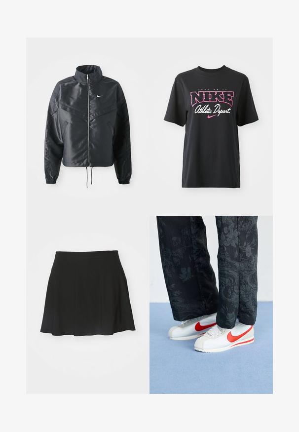 Juoda trumpa striukė su aukštu coloru, užtrauktuku, elastaniniu rankogaliu ir balta Nike logotipu. Lygus, blizgus audinys su šiek tiek tekstūruotu paviršiumi.; Juodas medvilninis marškinėliai su rožiniu ir baltu grafiniu spaudiniu, kuriame yra tekstas "JUST DO IT", "NIKE" ir "Sporto skyrius". Standartinis pjūvis.; Juodas čiuožinėjimo sijonas, pagamintas iš minkštos medžiagos, su platėjančiu dizainu, plačiu juosmeniu ir lygia tekstūra, be matomų raštų ar detalių.; Baltos Nike sneaker'iai su raudonais akcentais, derinami su juodomis kelnių, turinčiomis gėlių raštą. Paviršius lygus, su plokščiu pynimo padu.