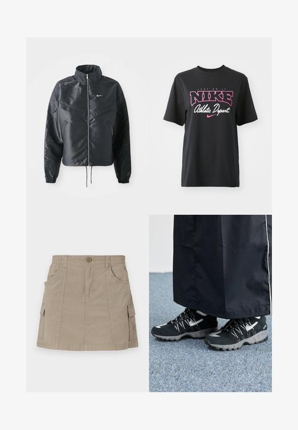 Jachetă croppată neagră cu guler înalt, închidere cu fermoar, manșete din elastan și un logo alb Nike. Material neted, lucios, cu o suprafață ușor texturată.; Tricou din bumbac negru cu un print grafic în roz și alb, având textul "JUST DO IT," "NIKE," și "Departament Atlet." Croială standard.; Fustă cargo de culoare khaki, cu talie, buzunare frontale și buzunare laterale cargo. Confecționată dintr-un material ușor, cu o textură netedă.; Pantofi sport negri cu un superior texturat, accente argintii și o talpă cu model, asortați cu o haină lungă neagră. Așezat pe un covor albastru.