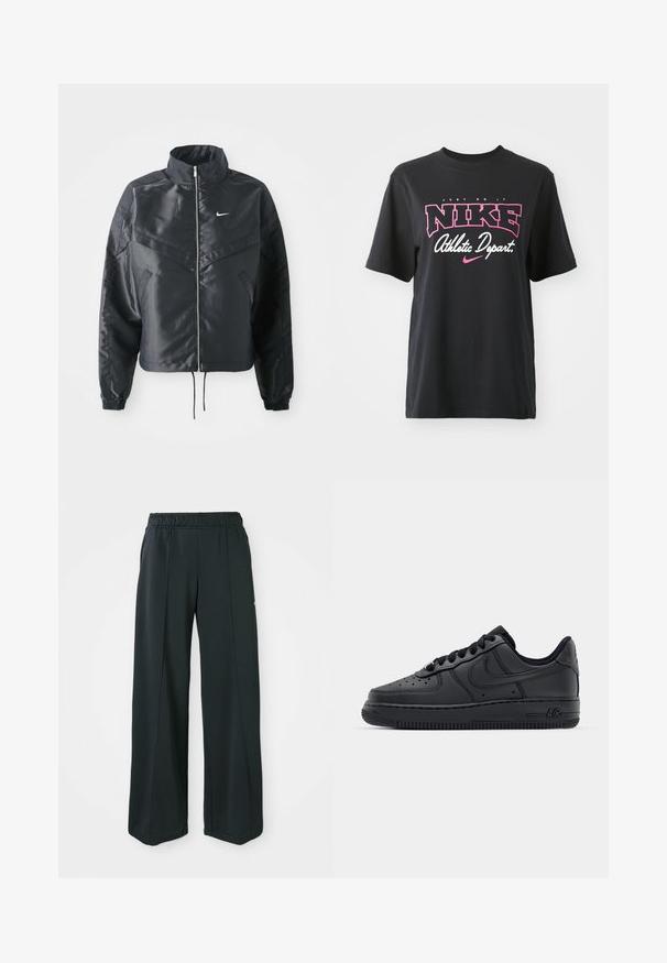 Casaco preto curto com colarinho alto, fecho de zip, punhos em elastano e um logótipo Nike branco. Tecido suave e brilhante com uma superfície ligeiramente texturizada.; T-shirt de algodão preto com impressão gráfica em rosa e branco com o texto "FAÇA ACONTECER", "NIKE" e "Departamento Atlético". Corte standard.; Calças atléticas largas e pretas com um cós elástico. Feitas de um tecido liso e elástico, com costuras frontais discretas e sem bolsos.; Sapatilhas de couro preto com ponta perfurada, atacadores planos e sola de borracha. Apresentam um pequeno logótipo na lateral e detalhes texturizados.
