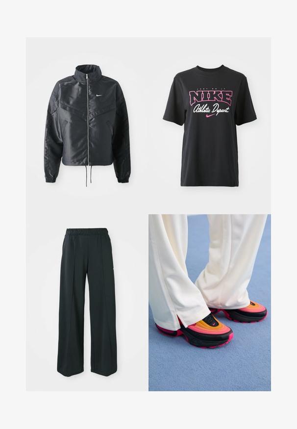 Juoda trumpa striukė su aukštu coloru, užtrauktuku, elastaniniu rankogaliu ir balta Nike logotipu. Lygus, blizgus audinys su šiek tiek tekstūruotu paviršiumi.; Juodas medvilninis marškinėliai su rožiniu ir baltu grafiniu spaudiniu, kuriame yra tekstas "JUST DO IT", "NIKE" ir "Sporto skyrius". Standartinis pjūvis.; Juodos, plačios sportinės kelnės su elastingu juosmeniu. Pagamintos iš lygaus, tampraus audinio, su subtiliomis priekinėmis siūlėmis ir be kišenių.; Juodos sportbačiai su daugiapalvėmis gradientinėmis viršutinėmis dalimis, kurios apima oranžinės, rožinės ir geltonos spalvų atspalvius; masyvus padas; derinami su baltais dryžuotais kelnėmis.
