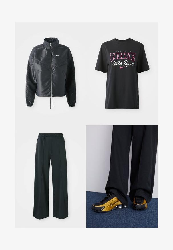 Casaco preto curto com colarinho alto, fecho de zip, punhos em elastano e um logótipo Nike branco. Tecido suave e brilhante com uma superfície ligeiramente texturizada.; T-shirt de algodão preto com impressão gráfica em rosa e branco com o texto "FAÇA ACONTECER", "NIKE" e "Departamento Atlético". Corte standard.; Calças atléticas largas e pretas com um cós elástico. Feitas de um tecido liso e elástico, com costuras frontais discretas e sem bolsos.; Nike Sportswear SHOX R4 - Sapatilhas - black/metallic gold/metallic silver