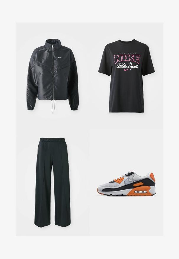 Casaco preto curto com colarinho alto, fecho de zip, punhos em elastano e um logótipo Nike branco. Tecido suave e brilhante com uma superfície ligeiramente texturizada.; T-shirt de algodão preto com impressão gráfica em rosa e branco com o texto "FAÇA ACONTECER", "NIKE" e "Departamento Atlético". Corte standard.; Calças atléticas largas e pretas com um cós elástico. Feitas de um tecido liso e elástico, com costuras frontais discretas e sem bolsos.; Sapatilha cinza com detalhes em laranja e preto, feita de materiais em malha e sintéticos, apresentando uma unidade de amortecimento de ar visível e sola texturizada.