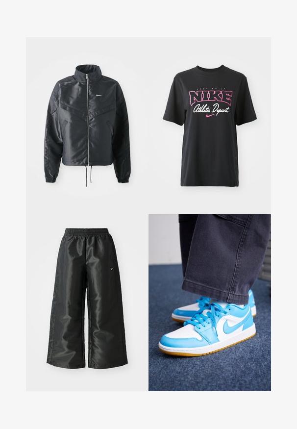 Czarna krótka kurtka z wysokim kołnierzem, zamek błyskawiczny, ściągacze z elastanu i białe logo Nike. Gładki, błyszczący materiał o lekko teksturowanej powierzchni.; Czarna bawełniana koszulka z grafiką w różowym i białym kolorze z napisem "JUST DO IT", "NIKE" oraz "Athletic Depart". Standardowy krój.; Czarne spodnie sportowe z błyszczącego, gładkiego materiału, z elastycznym paskiem w talii, szerokimi nogawkami i małym logo po lewej stronie.; Niebieskie i białe skórzane trampki z gumową podeszwą, z teksturowanymi panelami i dopasowanymi sznurowadłami. Logo po boku, subtelne kontrastowe przeszycia.