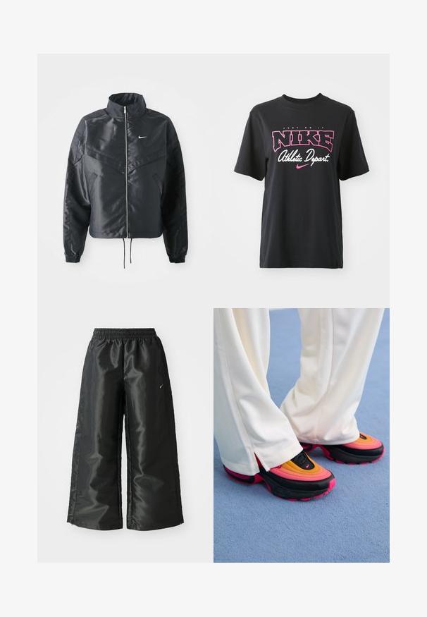 Casaco preto curto com colarinho alto, fecho de zip, punhos em elastano e um logótipo Nike branco. Tecido suave e brilhante com uma superfície ligeiramente texturizada.; T-shirt de algodão preto com impressão gráfica em rosa e branco com o texto "FAÇA ACONTECER", "NIKE" e "Departamento Atlético". Corte standard.; Calças atléticas pretas com um tecido brilhante e suave, apresentando uma cintura elástica, pernas largas e um pequeno logotipo do lado esquerdo.; Tênis pretos com parte superior em gradiente multicolorido apresentando tons de laranja, rosa e amarelo; sola robusta; combinado com calças brancas listradas.
