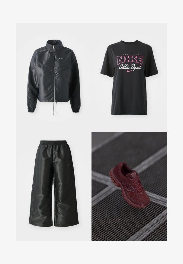 Černá zkrácená bunda s vysokým límcem, zipovým zapínáním, elastickými manžetami a bílým logem Nike. Hladká, lesklá látka s mírně strukturovaným povrchem.; Černé bavlněné tričko s grafickým potiskem v růžové a bílé barvě, se sloganem "JUST DO IT", "NIKE" a "Athletic Depart." Standardní střih.; Černé sportovní kalhoty z lesklé, hladké látky, s elastickým páskem, širokými nohavicemi a malým logem na levé straně.; Červená běžecká bota Nike se síťovaným svrškem, texturovanými detaily, polstrovaným límcem a silnou podrážkou, umístěná nad mřížkovaným povrchem.