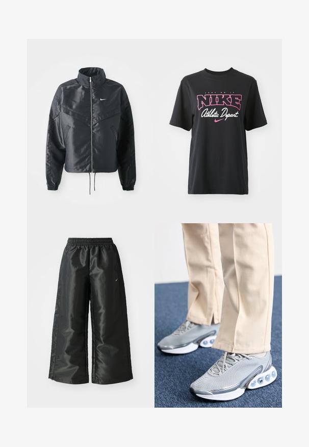 Čierna skrátená bunda s vysokým golierom, zipsovým uzatváraním, elastickými manžetami a bielym logom Nike. Hladká, lesklá tkanina s mierne textúrovaným povrchom.; Čierne bavlnené tričko s grafickým potlačou v ružovej a bielej farbe s textom "JUST DO IT", "NIKE" a "Athletic Depart". Štandardný strih.; Čierne športové nohavice s lesklým, hladkým materiálom, ktoré majú elastický pás, široké nohavice a malé logo na ľavej strane.; Sivé športové topánky s sieťovaným zvrškom, okrúhlou špičkou a polstrovanou podrážkou; obsahujú malé vzduchové vankúše na podrážke pre lepšiu oporu.