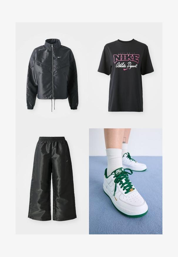 Černá zkrácená bunda s vysokým límcem, zipovým zapínáním, elastickými manžetami a bílým logem Nike. Hladká, lesklá látka s mírně strukturovaným povrchem.; Černé bavlněné tričko s grafickým potiskem v růžové a bílé barvě, se sloganem "JUST DO IT", "NIKE" a "Athletic Depart." Standardní střih.; Černé sportovní kalhoty z lesklé, hladké látky, s elastickým páskem, širokými nohavicemi a malým logem na levé straně.; Bílé kožené tenisky Nike Air Force 1 s zelenými akcenty, tkaničkami a podrážkou; s perforovanou špičkou a zlatým detailem v oblasti tkaniček.