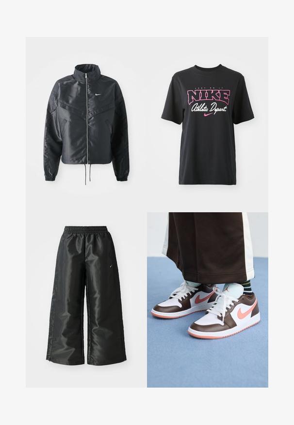 Černá zkrácená bunda s vysokým límcem, zipovým zapínáním, elastickými manžetami a bílým logem Nike. Hladká, lesklá látka s mírně strukturovaným povrchem.; Černé bavlněné tričko s grafickým potiskem v růžové a bílé barvě, se sloganem "JUST DO IT", "NIKE" a "Athletic Depart." Standardní střih.; Černé sportovní kalhoty z lesklé, hladké látky, s elastickým páskem, širokými nohavicemi a malým logem na levé straně.; Bílé a hnědé tenisky Nike Air Jordan s růžovými akcenty, s nízkým designem, bílými šněrovadly a texturovanou gumovou podrážkou.