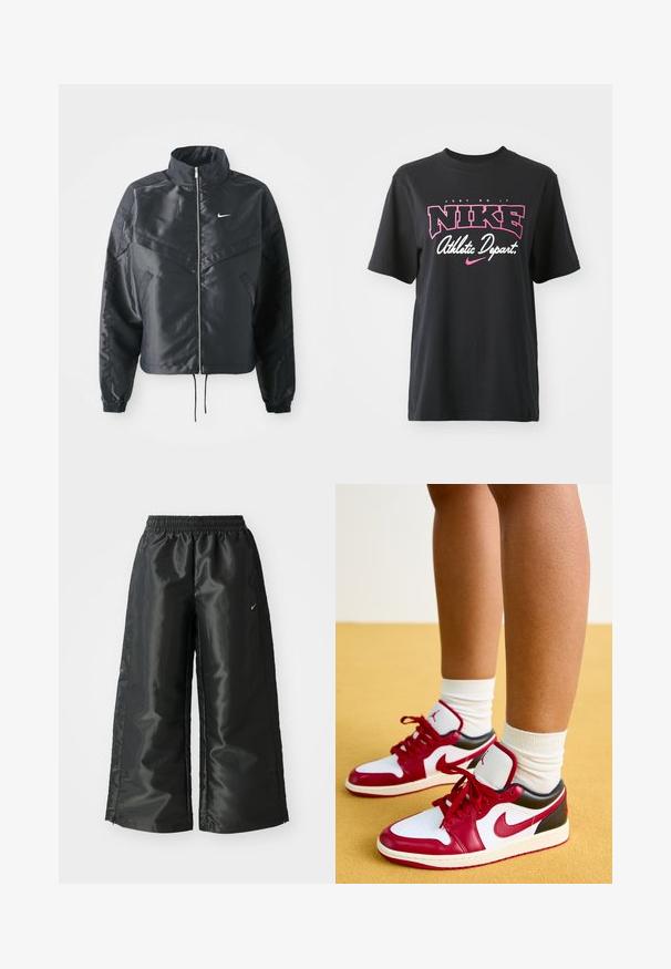 Černá zkrácená bunda s vysokým límcem, zipovým zapínáním, elastickými manžetami a bílým logem Nike. Hladká, lesklá látka s mírně strukturovaným povrchem.; Černé bavlněné tričko s grafickým potiskem v růžové a bílé barvě, se sloganem "JUST DO IT", "NIKE" a "Athletic Depart." Standardní střih.; Černé sportovní kalhoty z lesklé, hladké látky, s elastickým páskem, širokými nohavicemi a malým logem na levé straně.; Jordan AIR JORDAN 1 - Tenisky - white/gym red/black/sail