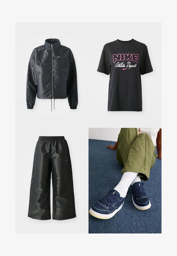 Casaco preto curto com colarinho alto, fecho de zip, punhos em elastano e um logótipo Nike branco. Tecido suave e brilhante com uma superfície ligeiramente texturizada.; T-shirt de algodão preto com impressão gráfica em rosa e branco com o texto "FAÇA ACONTECER", "NIKE" e "Departamento Atlético". Corte standard.; Calças atléticas pretas com um tecido brilhante e suave, apresentando uma cintura elástica, pernas largas e um pequeno logotipo do lado esquerdo.; Pessoa vestindo calças verdes, meias brancas até ao tornozelo e ténis azul-marinho com solas brancas, sentada num chão de carpete azul-escuro.