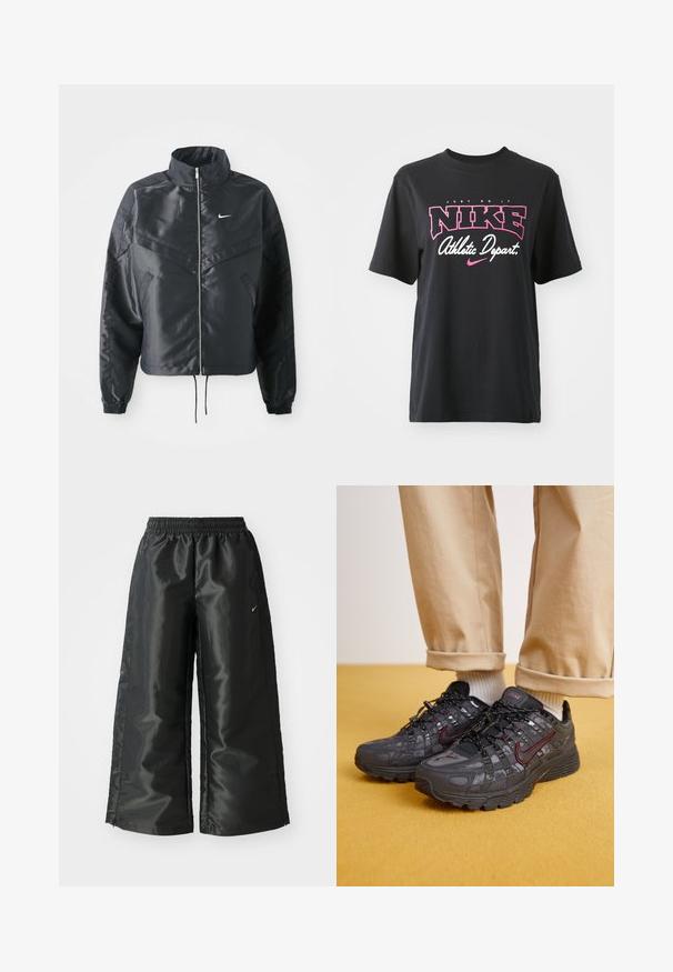 Casaco preto curto com colarinho alto, fecho de zip, punhos em elastano e um logótipo Nike branco. Tecido suave e brilhante com uma superfície ligeiramente texturizada.; T-shirt de algodão preto com impressão gráfica em rosa e branco com o texto "FAÇA ACONTECER", "NIKE" e "Departamento Atlético". Corte standard.; Calças atléticas pretas com um tecido brilhante e suave, apresentando uma cintura elástica, pernas largas e um pequeno logotipo do lado esquerdo.; Sapatos de atletismo pretos com detalhes em vermelho, apresentando um design texturizado, sola resistente e fecho com atacadores. Usados com calças beges e meias brancas.