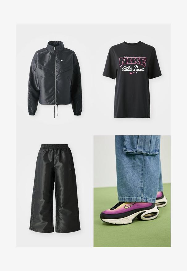 Casaco preto curto com colarinho alto, fecho de zip, punhos em elastano e um logótipo Nike branco. Tecido suave e brilhante com uma superfície ligeiramente texturizada.; T-shirt de algodão preto com impressão gráfica em rosa e branco com o texto "FAÇA ACONTECER", "NIKE" e "Departamento Atlético". Corte standard.; Calças atléticas pretas com um tecido brilhante e suave, apresentando uma cintura elástica, pernas largas e um pequeno logotipo do lado esquerdo.; Ténis com um degradê de roxo e amarelo, detalhes em preto, com amortecimento de ar visível, combinados com uns jeans baggy de azul claro.