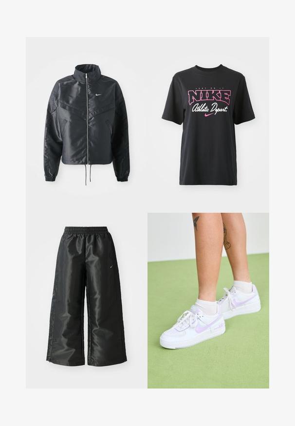Giacca nera cropped con colletto alto, chiusura a zip, polsini in elastan e logo Nike bianco. Tessuto liscio e lucido con una superficie leggermente texturizzata.; T-shirt in cotone nero con stampa grafica in rosa e bianco con il testo "JUST DO IT", "NIKE" e "Athletic Depart." Vestibilità standard.; Pantaloni sportivi neri con un tessuto lucido e morbido, dotati di una vita elasticizzata, gambe larghe e un piccolo logo sul lato sinistro.; Nike Sportswear AF1 SHADOW - Sneakers basse - white/lilac bloom/photon dust/white
