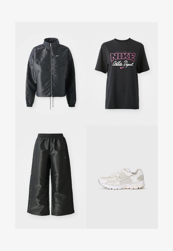 Black cropped jacket with high collar, zip closure, elastane cuffs, and a white Nike logo. Smooth, shiny fabric with a slightly textured surface.; Black cotton T-shirt featuring a graphic print in pink and white with the text "JUST DO IT," "NIKE," and "Athletic Depart." Standard fit.; Black athletic pants with a shiny, smooth fabric, featuring an elastic waistband, wide legs, and a small logo on the left side.; White athletic shoe with mesh and synthetic materials. Features a textured design, padded collar, and geometric accents on the heel.