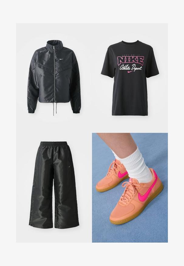 Casaco preto curto com colarinho alto, fecho de zip, punhos em elastano e um logótipo Nike branco. Tecido suave e brilhante com uma superfície ligeiramente texturizada.; T-shirt de algodão preto com impressão gráfica em rosa e branco com o texto "FAÇA ACONTECER", "NIKE" e "Departamento Atlético". Corte standard.; Calças atléticas pretas com um tecido brilhante e suave, apresentando uma cintura elástica, pernas largas e um pequeno logotipo do lado esquerdo.; Sapatilha rosa e laranja com parte superior em couro e tecido, bico redondo, sola de borracha e swoosh da Nike em rosa, exibida sobre uma superfície azul.
