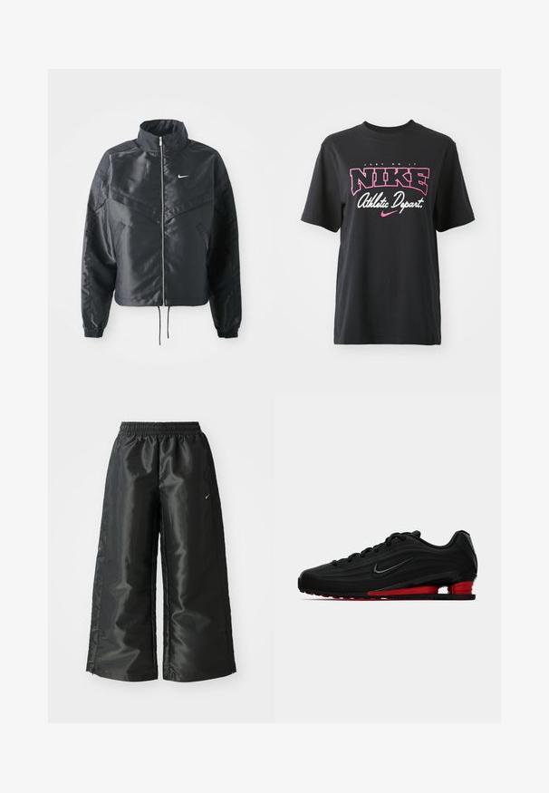 Casaco preto curto com colarinho alto, fecho de zip, punhos em elastano e um logótipo Nike branco. Tecido suave e brilhante com uma superfície ligeiramente texturizada.; T-shirt de algodão preto com impressão gráfica em rosa e branco com o texto "FAÇA ACONTECER", "NIKE" e "Departamento Atlético". Corte standard.; Calças atléticas pretas com um tecido brilhante e suave, apresentando uma cintura elástica, pernas largas e um pequeno logotipo do lado esquerdo.; Sapatilha de corrida preta da Nike com sola de amortecimento vermelha e logotipo Swoosh preto, apresentada em perfil lateral sobre um fundo branco.