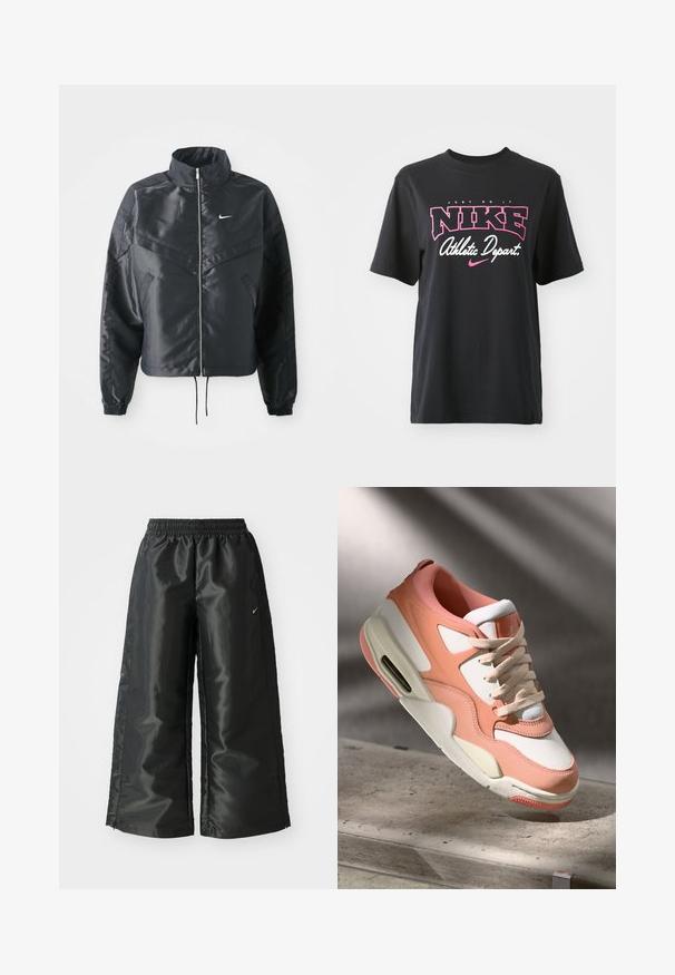 Must kolledžiga must lühike jope, millel on lukuga sulgus, elastne mansett ja valge Nike logo. Sile, läikiv kangas, millel on veidi tekstureeritud pind.; Must musta T-särk musta värviga, millel on roosa ja valge graafiline print tekstiga "JUST DO IT", "NIKE" ja "Athletic Depart." Tavaline lõige.; Mustad mustad sportsipüksid läikiva, siledaga kangaga, pa elastse vöökoha, laia sääre ja väikese logoga vasakul küljel.; Kergelt roosa ja valge pealsega sneaker, tekstureeritud seemisnahkpaneelidega, pehmendatud kraega ja nähtava õhku üksusega kontsas. Kreemika värvusega tald.