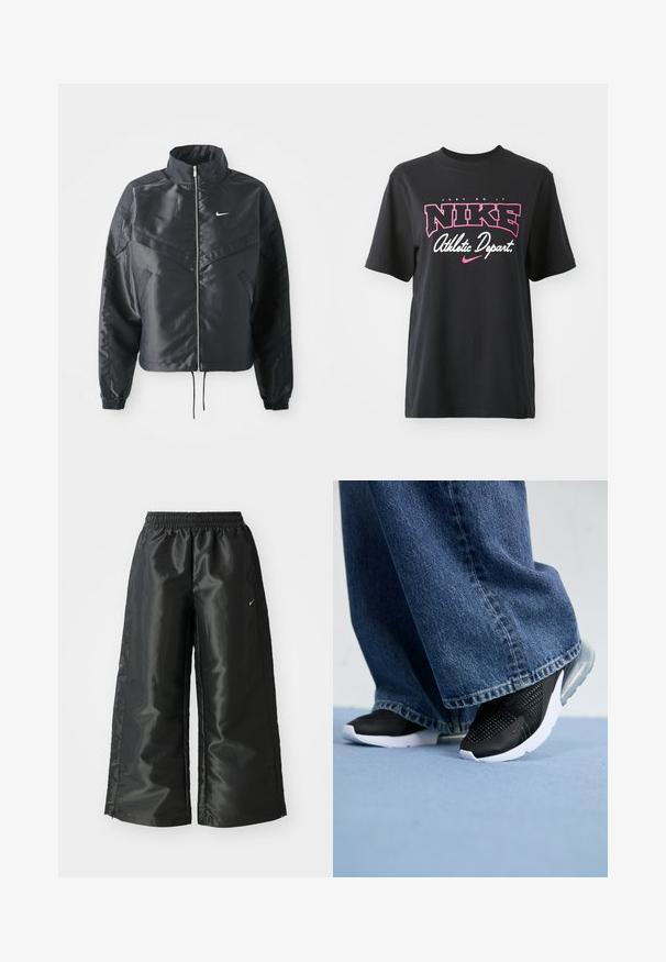Svart cropped jakke med høy krage, glidelåsåpning, elastiske mansjetter og en hvit Nike-logo. Glatt, shiny stoff med en lett teksturert overflate.; Svart bomulls T-skjorte med grafisk trykk i rosa og hvitt med teksten "JUST DO IT," "NIKE," og "Athletic Depart." Standard passform.; Svarte treningsbukser med en blank, glatt stoff, som har et elastisk liv, vide ben og en liten logo på venstre side.; Svarte joggesko med mesh-detaljer, hvit såle og synlig luftputing, kombinert med blå denim vide jeans.