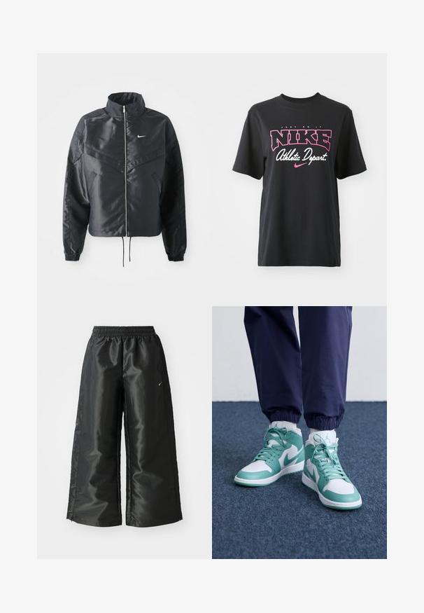 Zwarte cropped jack met hoge kraag, ritsluiting, elastische manchetten en een wit Nike-logo. Glad, glanzend materiaal met een licht gestructureerd oppervlak.; Zwarte katoenen T-shirt met een grafische print in roze en wit met de tekst "JUST DO IT," "NIKE," en "Athletic Depart." Standaard pasvorm.; Zwarte sportbroek van een glanzende, gladde stof, met een elastische tailleband, wijde pijpen en een klein logo aan de linkerkant.; Hoge sneakers met een witte basis en teal accenten, gestructureerd leer en een geperforeerde neus. Inclusief veters en een gevoerd kraag.