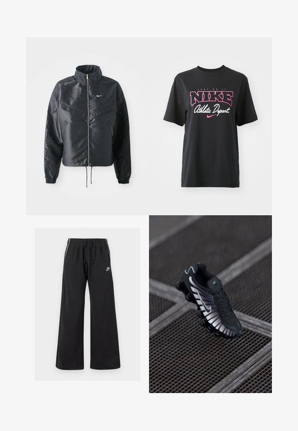 Mustat lyhyet takit, joissa on korkea kaulus, vetoketjukiinnitys, elastaanista valmistetut hihan suut ja valkoinen Nike-logo. Sileä, kiiltävä kangas, jossa on hieman tekstuuria.; Musta puuvillainen T-paita, jossa on ruusupinkki ja valkoinen graafinen printti. Tekstit "JUST DO IT", "NIKE" ja "Athletic Depart." Normaalimittainen.; Mustat collegehousut pehmeästä kankaasta, joissa on joustava vyötärö, jossa on naru, sivuaukeamat ja pieni logo vasemmassa etuosassa.; Musta urheilukenkä, jossa on teksturoitu verkkopohja, hopeiset yksityiskohdat, kaaren tuki ja pehmeä pohja, jossa on selkeäSegmentoitu muotoilu.