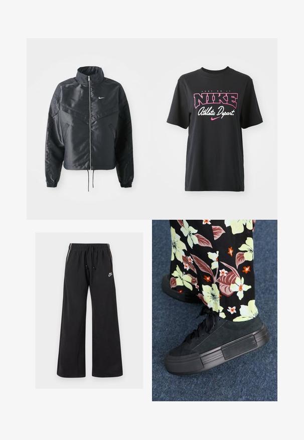 Must kolledžiga must lühike jope, millel on lukuga sulgus, elastne mansett ja valge Nike logo. Sile, läikiv kangas, millel on veidi tekstureeritud pind.; Must musta T-särk musta värviga, millel on roosa ja valge graafiline print tekstiga "JUST DO IT", "NIKE" ja "Athletic Depart." Tavaline lõige.; Mustad mustad püksid, mis on valmistatud pehmest kangast, elastse vöökoha ja nööriga, külgedel triibud ning väike logo vasakul ees.; Mustadest seemisnahkset tennisjalatsid paksu musta kummitaldiga, mis on varustatud paeltega. Taustal on õitsevate mustritega kangas erksates värvides.