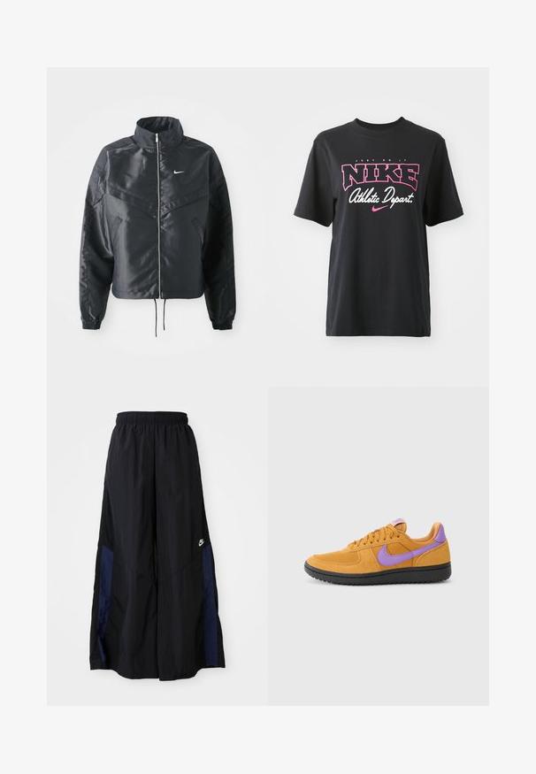 Μαύρο cropped μπουφάν με ψηλό γιακά, κλείσιμο με φερμουάρ, μανσέτες από ελαστάνη και λευκό λογότυπο Nike. Λείο, γυαλιστερό ύφασμα με ελαφρώς υφή.; Μαύρο βαμβακερό T-shirt με γραφικό τύπωμα σε ροζ και λευκό που περιλαμβάνει το κείμενο "JUST DO IT," "NIKE," και "Athletic Depart." Κανονική εφαρμογή.; Μαύρο παντελόνι με φαρδιά πόδια, κατασκευασμένο από ελαφρύ ύφασμα, με μπλε ναυτική πλευρική λωρίδα και ελαστική μέση. Μικρό λευκό λογότυπο στο κάτω μέρος.; Πορτοκαλί σουέτ αθλητικά παπούτσια με μωβ λεπτομέρειες, χαρακτηρισμένα με δεσίματα, στρογγυλή μύτη και υφή μαύρης καουτσούκ σόλας.