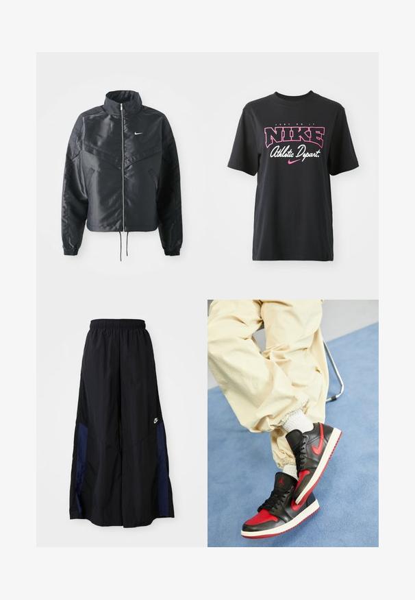 Black cropped jacket with high collar, zip closure, elastane cuffs, and a white Nike logo. Smooth, shiny fabric with a slightly textured surface.; Black cotton T-shirt featuring a graphic print in pink and white with the text "JUST DO IT," "NIKE," and "Athletic Depart." Standard fit.; Black wide-leg pants made of lightweight fabric, featuring a navy blue side panel and an elastic waistband. Small white logo on bottom.; Black and red leather sneakers with white sole, featuring a prominent red swoosh and Jordan logo, paired with cream-colored pants.