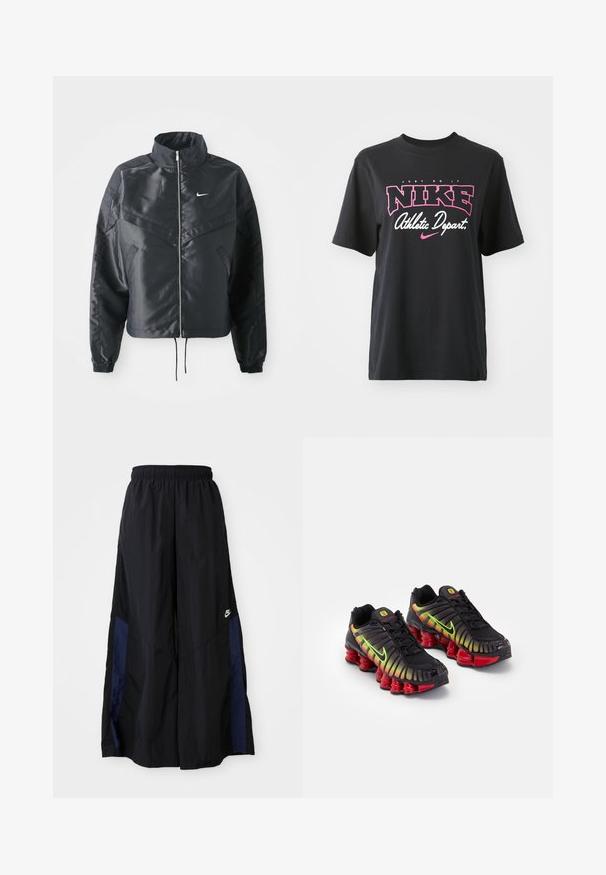 Svart cropped jakke med høy krage, glidelåsåpning, elastiske mansjetter og en hvit Nike-logo. Glatt, shiny stoff med en lett teksturert overflate.; Svart bomulls T-skjorte med grafisk trykk i rosa og hvitt med teksten "JUST DO IT," "NIKE," og "Athletic Depart." Standard passform.; Svarte vide bukser laget av lett stoff, med et marineblått sidestykke og elastisk midjebånd. Liten hvit logo nederst.; Svarte Nike-sneakers med gradientdetaljer i gult, grønt og rødt. Har et karakteristisk teksturmønster og en kraftig rød såle.