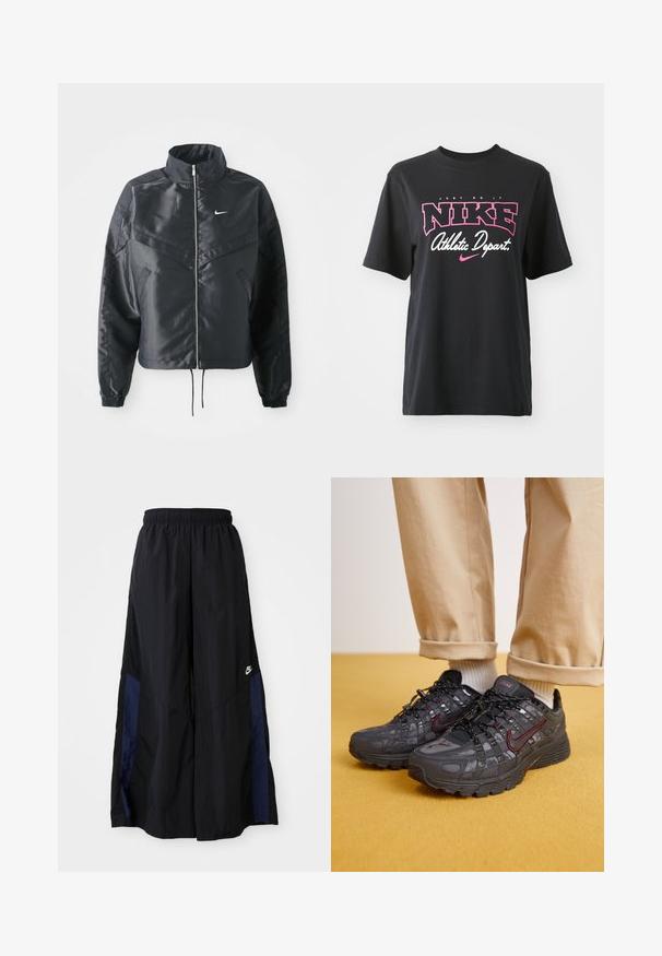 Black cropped jacket with high collar, zip closure, elastane cuffs, and a white Nike logo. Smooth, shiny fabric with a slightly textured surface.; Black cotton T-shirt featuring a graphic print in pink and white with the text "JUST DO IT," "NIKE," and "Athletic Depart." Standard fit.; Black wide-leg pants made of lightweight fabric, featuring a navy blue side panel and an elastic waistband. Small white logo on bottom.; Black athletic shoes with red accents, featuring a textured design, sturdy sole, and lace-up closure. Worn with beige pants and white socks.
