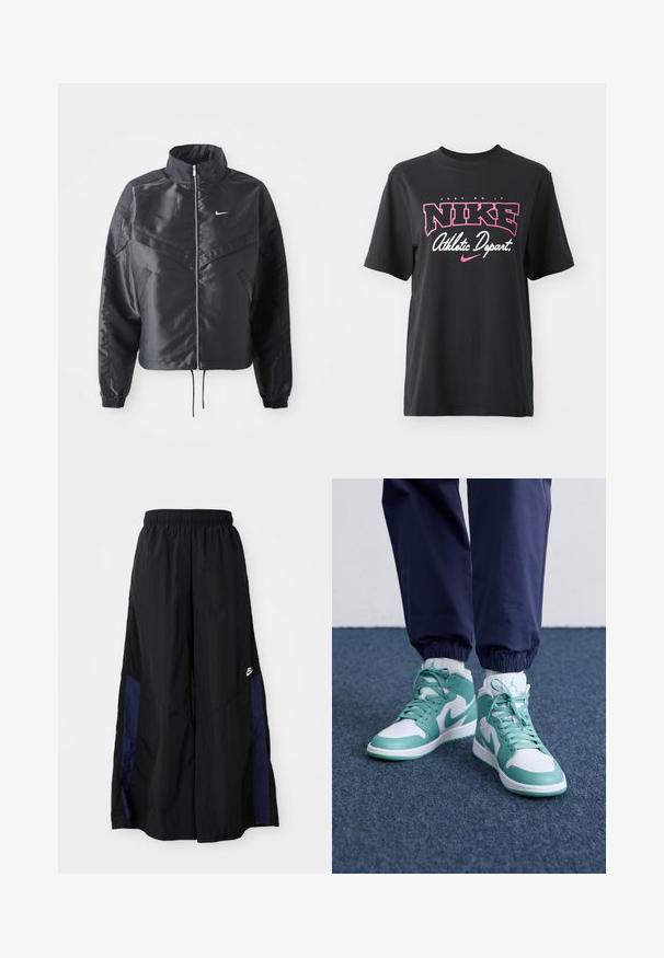Svart kort jacka med hög krage, dragkedja, ärmslut i elastan och en vit Nike-logotyp. Slät, glänsande tyg med en något strukturerad yta.; Svart bomulls-T-shirt med ett grafiskt tryck i rosa och vitt med texten "JUST DO IT", "NIKE" och "Athletic Depart." Standard passform.; Svarta vida byxor gjorda av lättviktig tyg, med en marinblå sid panel och ett elastiskt midjeband. Litet vitt logotyp nertill.; Höga sneakers med vit bas och teal-accenter, texturerat läder och perforerat tås stöd. Snöre och vadderad krage ingår.
